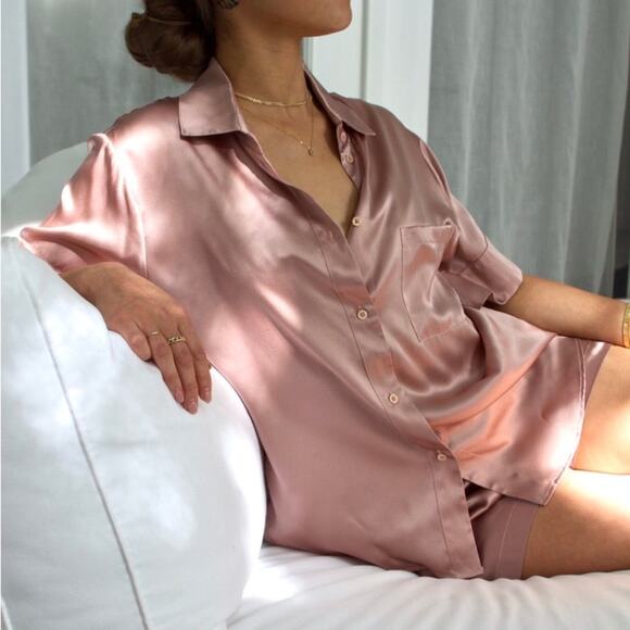 Satin Silky Button Down Top Short Sleeve Collar - Picture 1 of 6